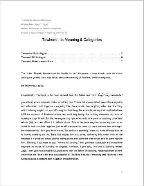 Tawheed: Its Meaning & Categories, Ibn Uthaymeen