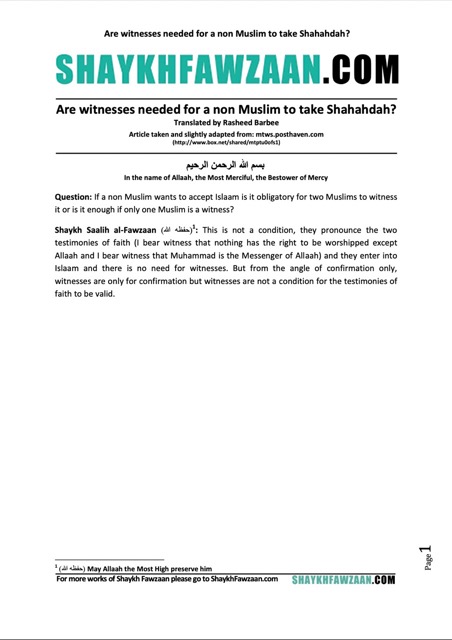 Are witnesses needed for a non Muslim to take Shahahdah