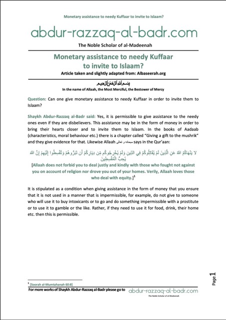 Monetary assistance to needy Kuffaar to invite to Islaam