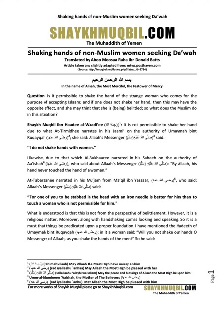 Shaking hands of non-Muslim women seeking Da’wah