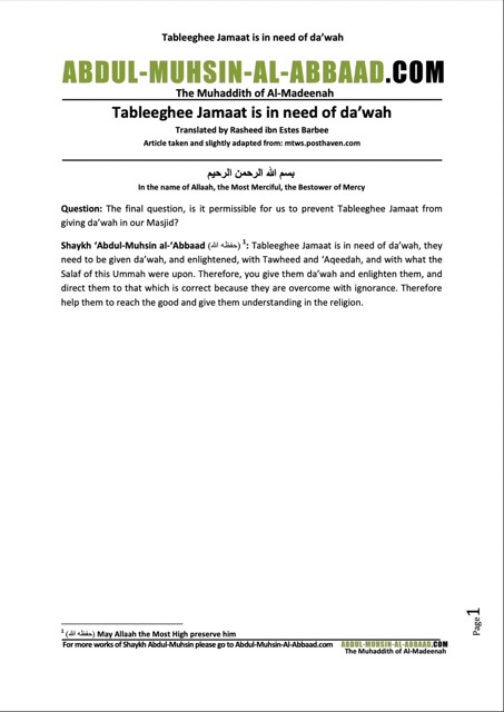 Tableeghee Jamaat is in need of da’wah