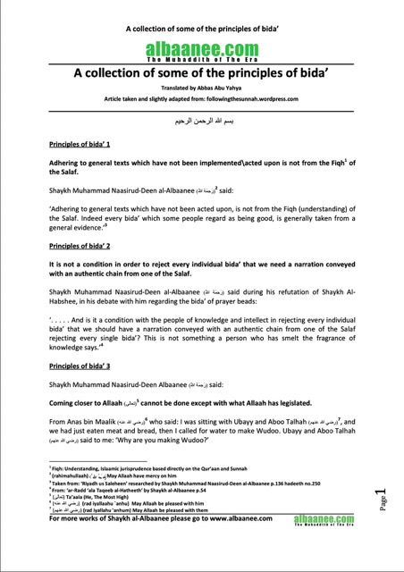 A collection of some of the principles of bida, al-Albani
