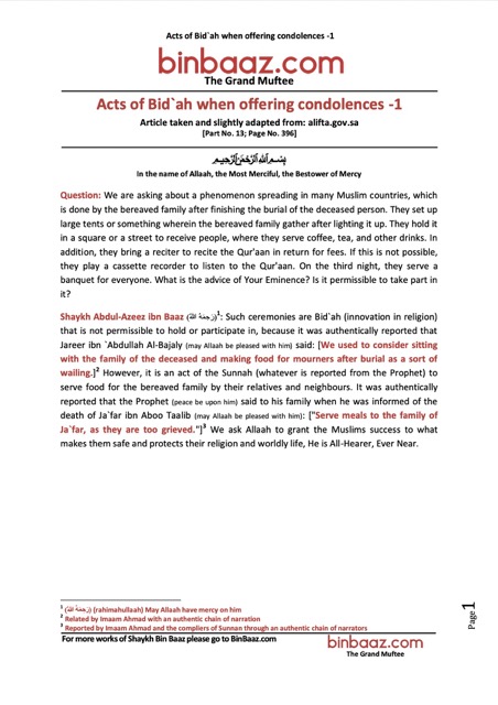 Acts of Bid`ah when offering condolences, Ibn Baz