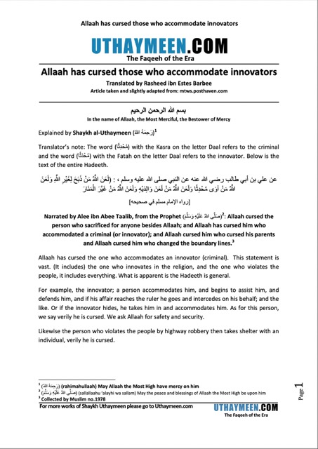 Allaah has cursed those who accommodate innovators, Ibn Uthaymeen