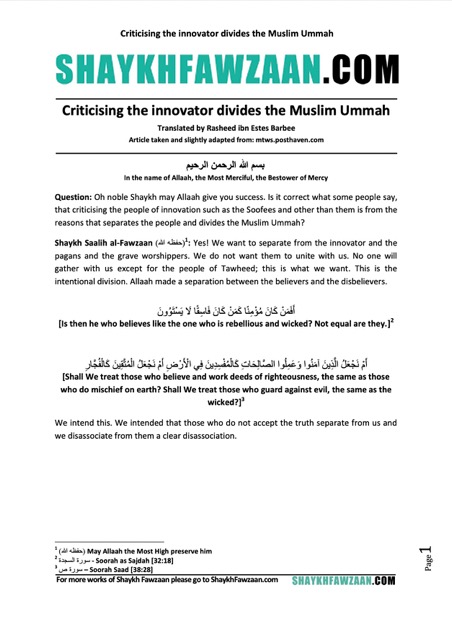 Criticising the innovator divides the Muslim Ummah, al-Fawzaan