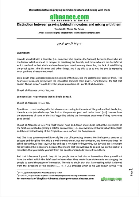 Distinction between praying behind innovators and mixing with them, al-Albani