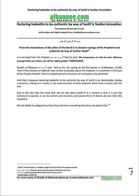 Hadeeths to be authentic by kashf is Soofee innovation, al-Albani