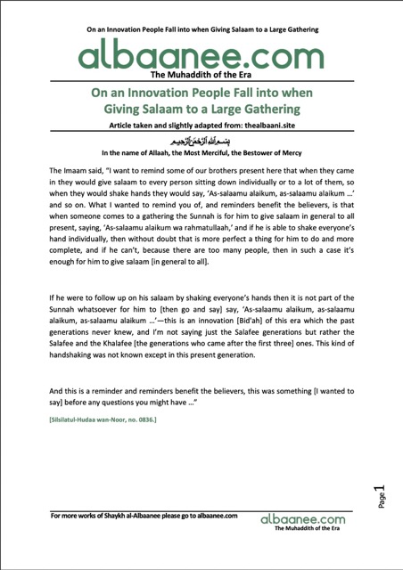 Innovation people fall into giving Salaam to gathering, al-Albani