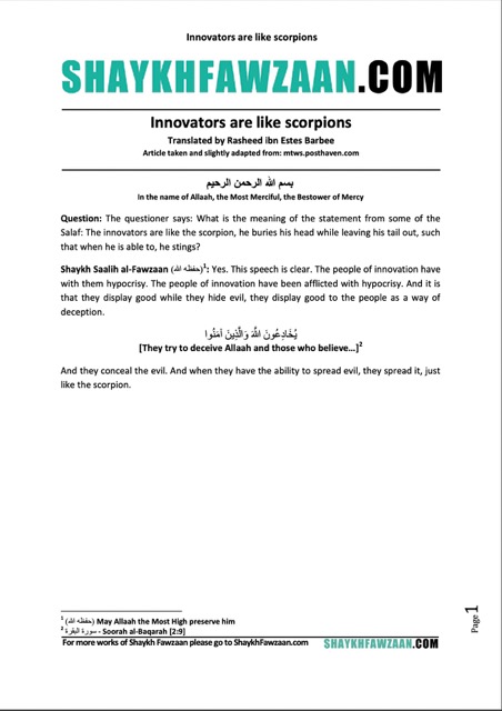 Innovators are like scorpions, al-Fawzaan
