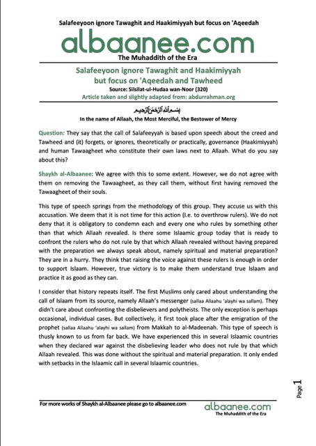 Salafeeyoon ignore Tawaghit and Haakimiyyah, al-Albani