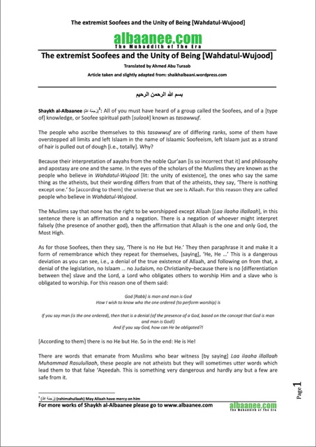 The extremist Soofees and the Unity of Being (Wahdatul-Wujood), al-Albani