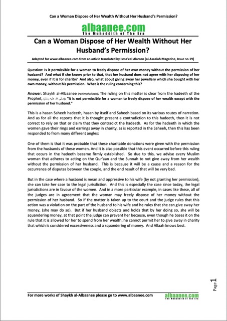 Can a woman dispose of her wealth without her husband’s Permission, al-Albaani