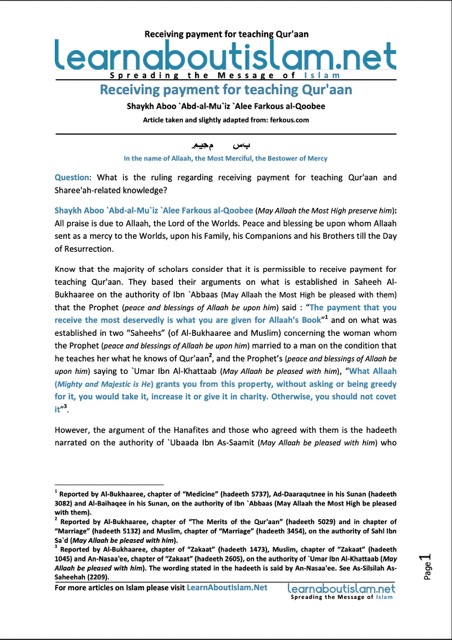 Receiving payment for teaching Qur’aan