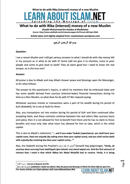 What to do with Riba (interest) money of a new Muslim
