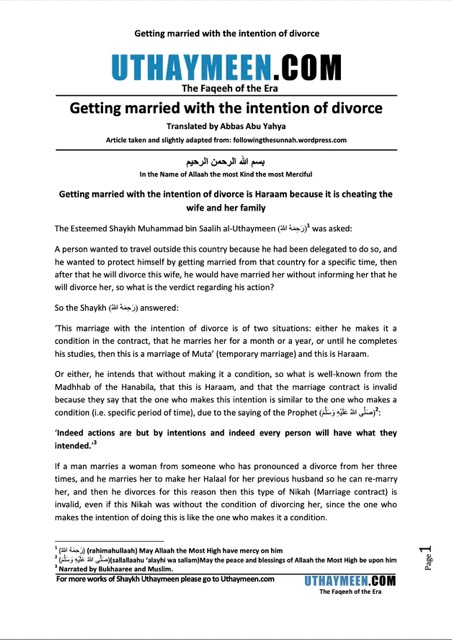 Getting married with the intention of divorce, Ibn Uthaymeen