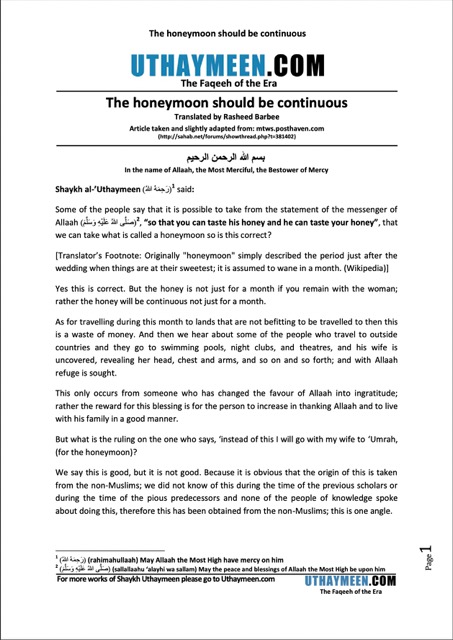 Honeymoon should be continuous, Ibn Uthaymeen