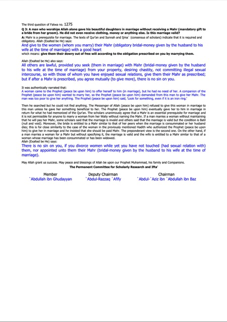 Marrying a woman without paying Mahr