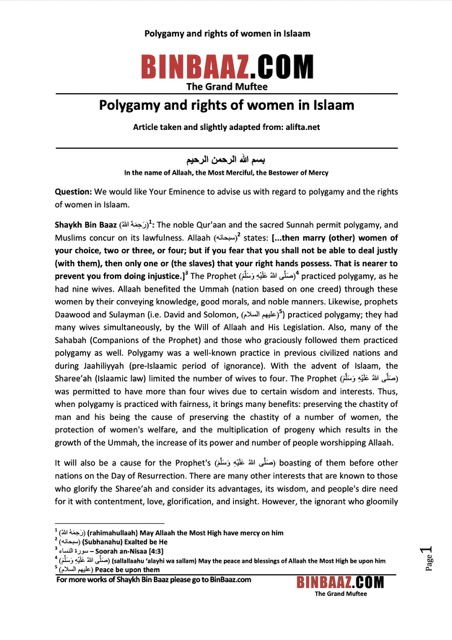 Polygamy and rights of women in Islaam, Ibn Baz
