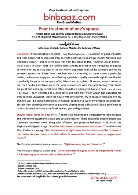 Poor treatment of one’s spouse, Ibn Baz