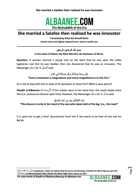 She married a Salafee then realised he was innovator, al-Albaani