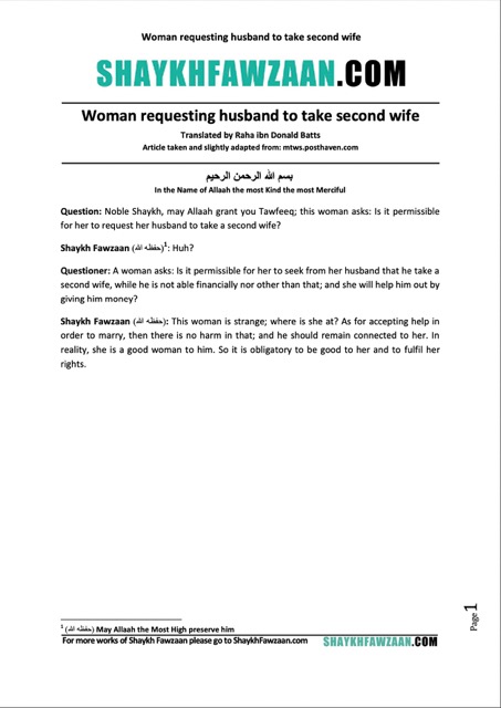 Woman requesting husband to take second wife, al-Fawzaan