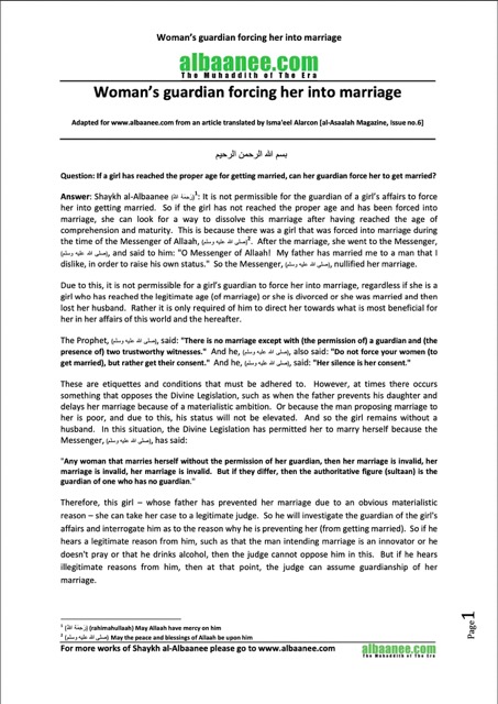 Woman’s guardian forcing her into marriage, al-Albaani