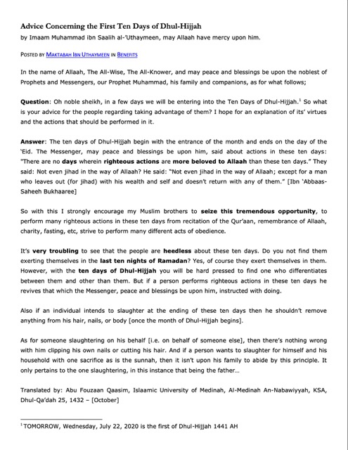Advice Concerning the First Ten Days of Dhul-Hijjah