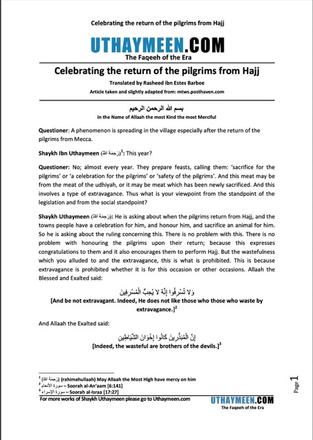 Celebrating the return of the pilgrims from Hajj, Ibn Uthaymeen