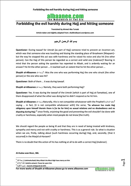 Forbidding the evil harshly during Hajj and hitting someone, al-Albaani