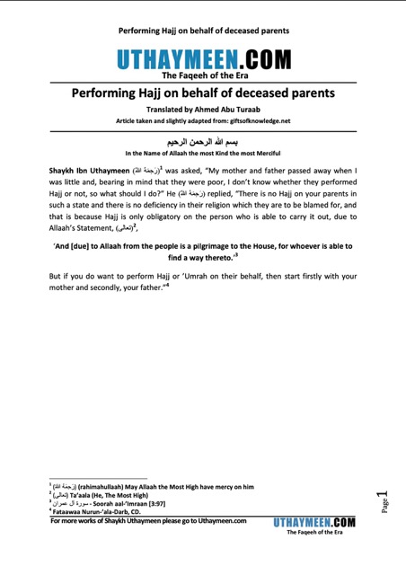 Performing Hajj on behalf of deceased parents, Ibn Uthaymeen