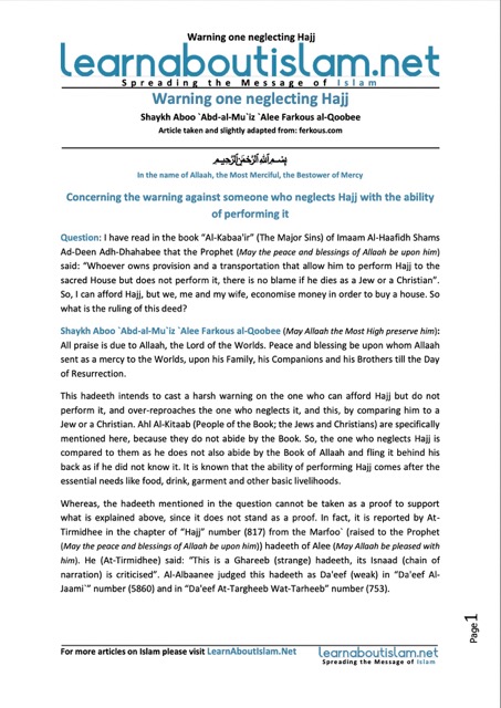 Warning one neglecting Hajj