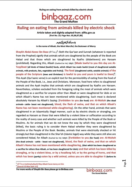 Eating from animals killed by electric shock, Ibn Baz