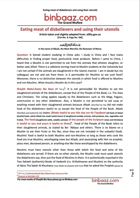 Eating meat disbelievers and using their utensils, Ibn Baz