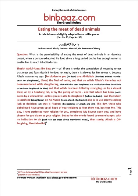 Eating the meat of dead animals, Ibn Baz