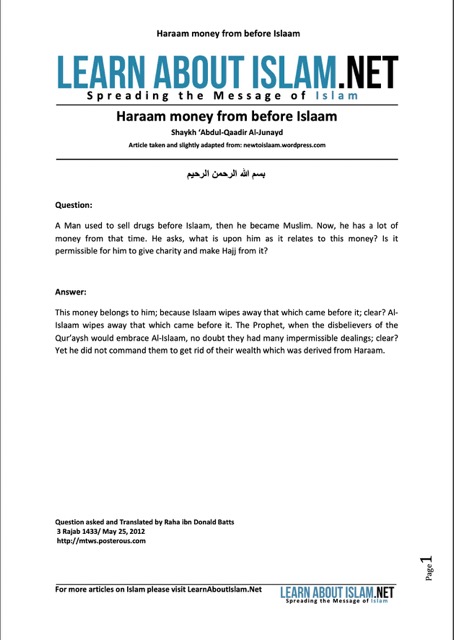 Haraam money from before Islaam