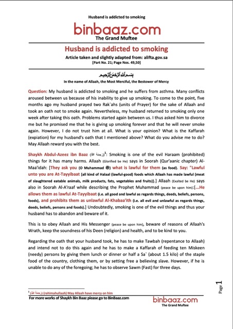 Husband is addicted to smoking, Ibn Baz