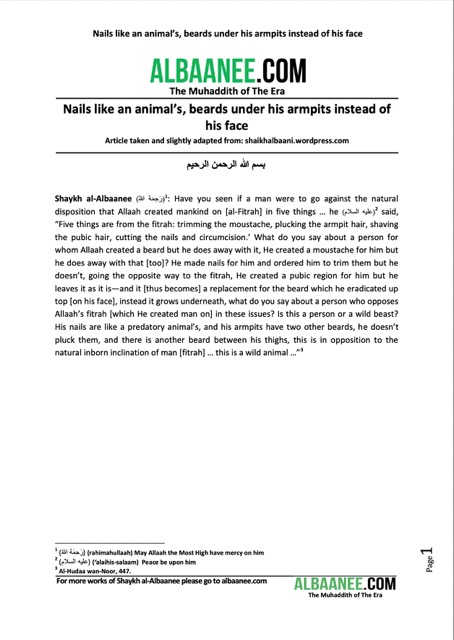 Nails like an animal’s, beards under his armpits instead of his face, al-Albaani
