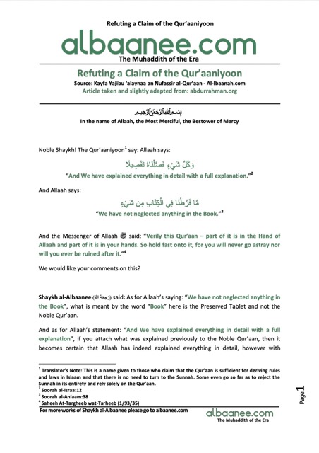 Refuting a Claim of the Qur’aaniyoon, al-Albaani