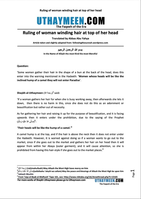 Ruling of woman winding hair at top of her head, Ibn Uthaymeen