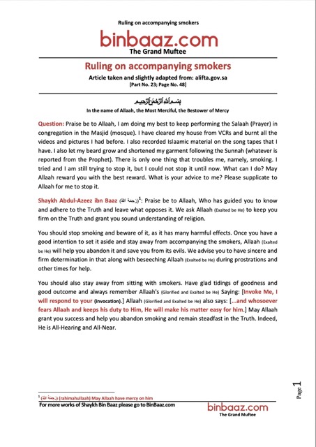 Ruling on accompanying smokers, Ibn Baz