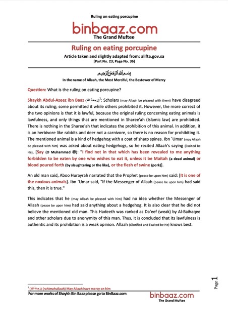 Ruling on eating porcupine, Ibn Baz