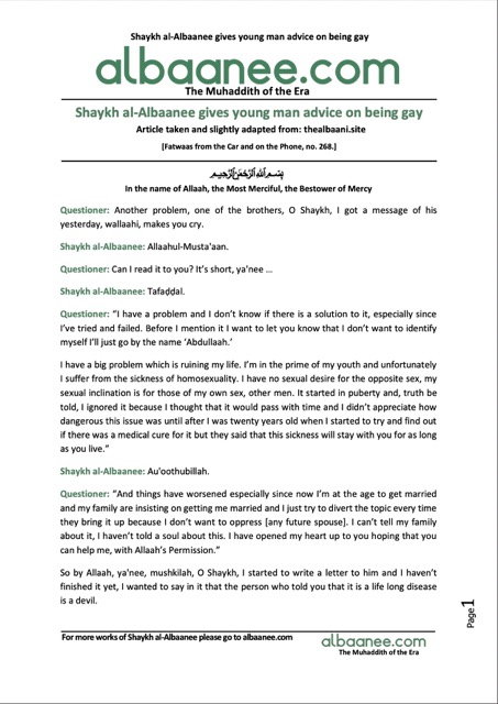 Shaykh al-Albaanee gives young man advice on being gay