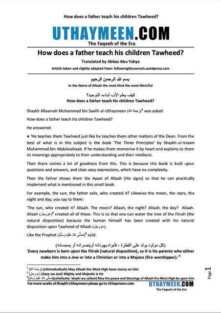How does a father teach his children Tawheed