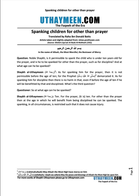 Spanking children for other than prayer